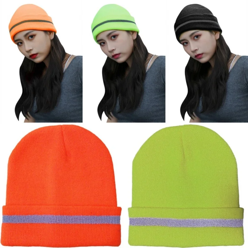 Reflective Hat Headwear Unisex Winter Warm Knit Beanie SkullCap Fluorescence Bright Color For Night Safety Cycling Running Work