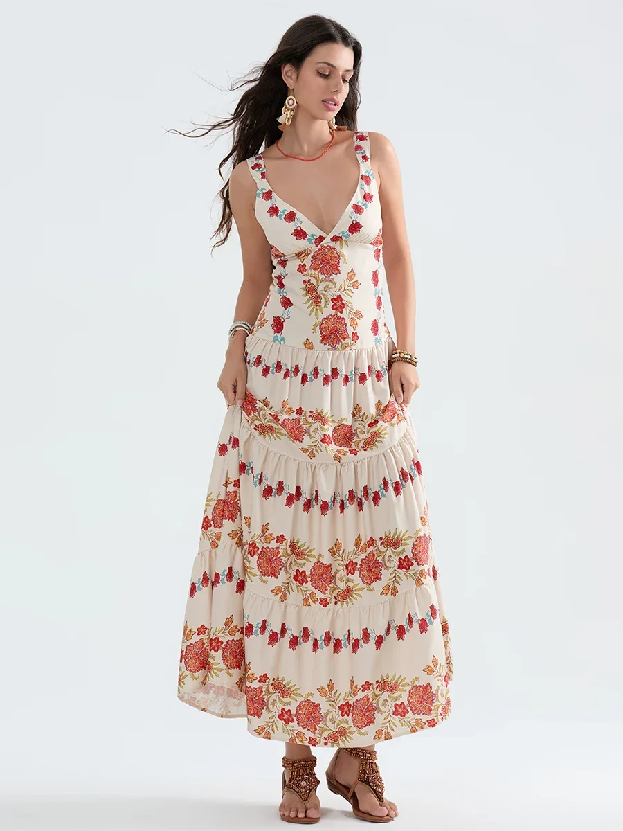 Vestido regata com estampa floral feminino, sem mangas, decote V profundo, vestido em camadas A, vestido longo e fluido, verão