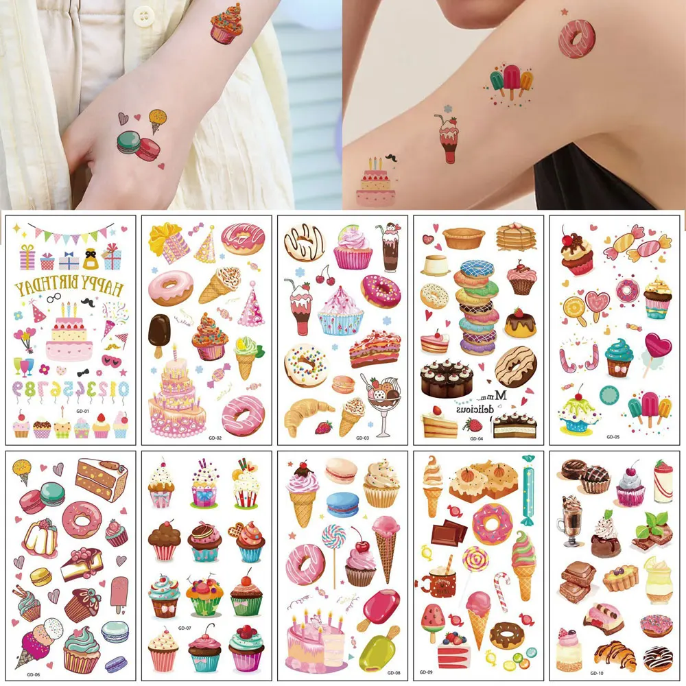

10pcs Dessert Cake Donut Tattoo Stickers Boys Girls Disposable Temporary Tattoo Stickers for Birthday Party
