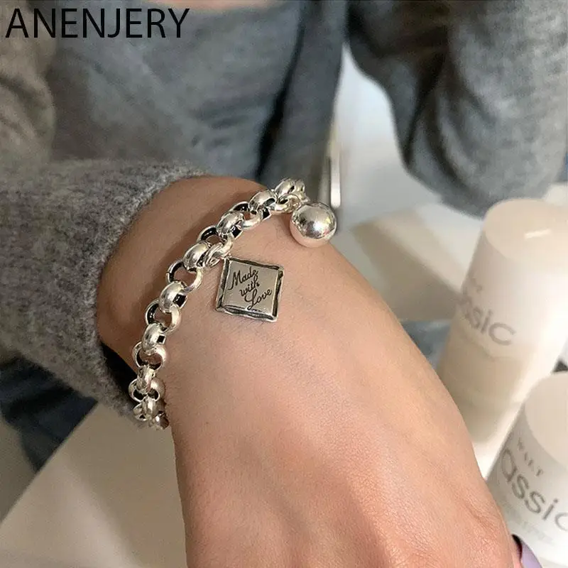 ANENJERY Silver Color Square Ball Bracelet for Women Geometric Thai Silver Bracelet Jewelry Gifts