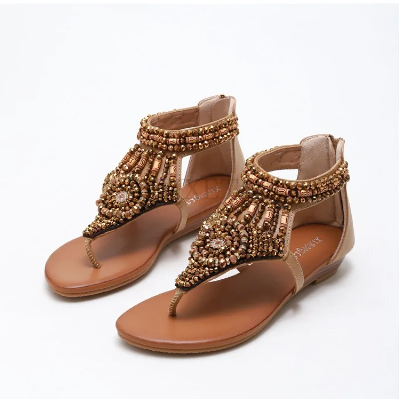 Women Clip on Sandals with Sloping Heels Rhinestones Roman Sandals with T-shaped Straps Handmade Beaded Versatile Shoes