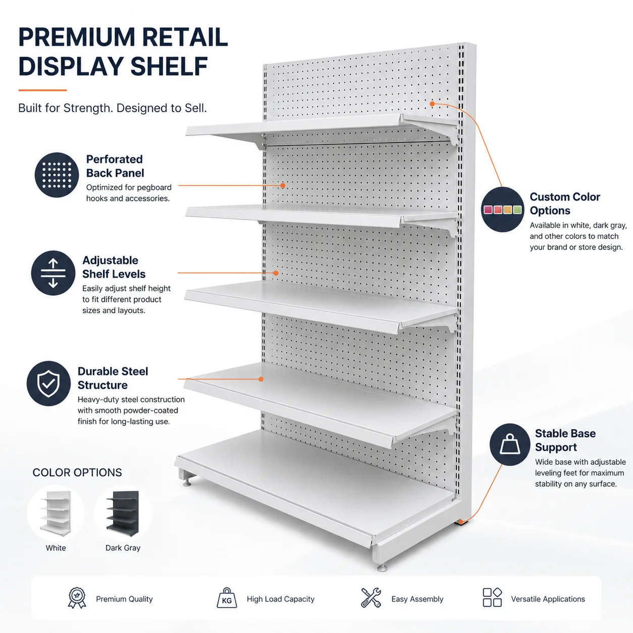 Steel Pegboard Gondola Shelving Heavy Duty Retail Display Rack 5 Tier Adjustable Supermarket Display Stand White Gray