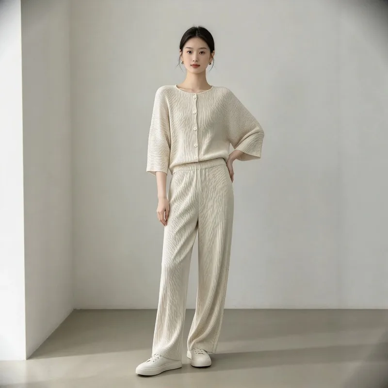 Pleated Skirt Set Plisse Women 2026 Autumn New Single-Breasted Batwing Sleeve Patchwork Cardigan Top Wide-Leg Pants+Skirt Set
