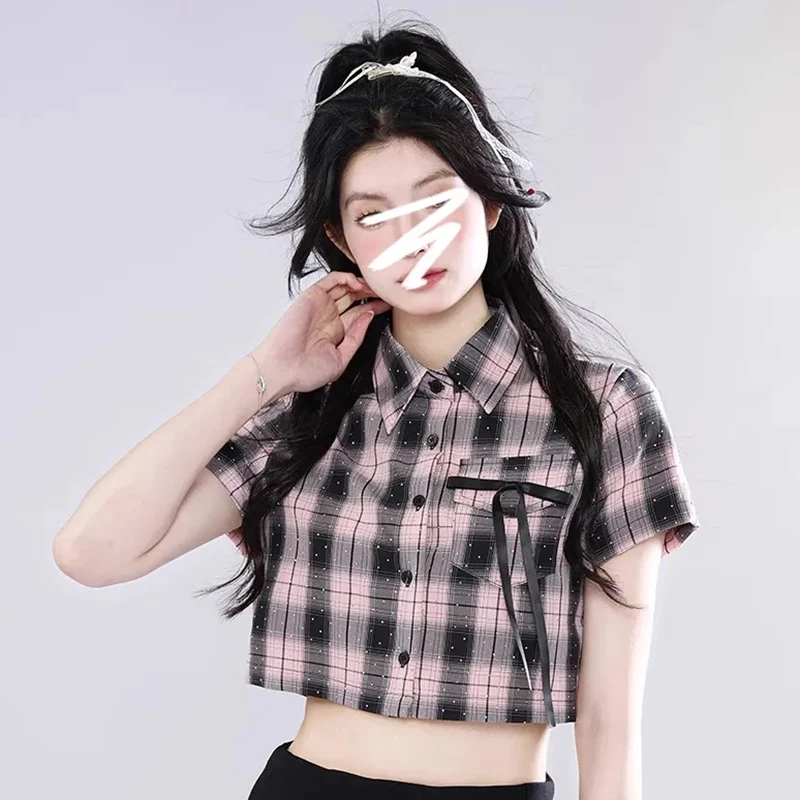 

Streetwear Cropped Plaid Shirt Women Sexy Slim Retro Y2K Hotsweet Blouse Summer American Vintage Harajuku Short Sleeve Lady Tops