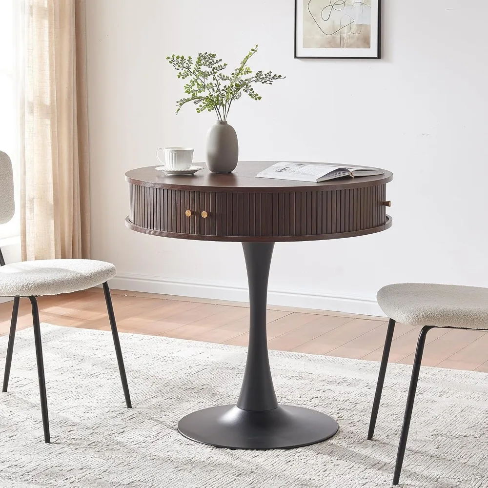 طاولة بقاعدة مستديرة مقاس 31.5 بوصة مع خشب الجوز المخفي |   طاولة بتصميم توليب مع أبواب منزلقة، لمسة نهائية من الخشب الصناعي للمطبخ