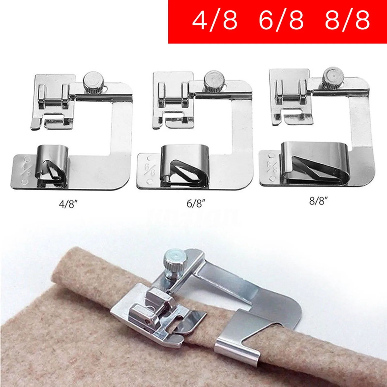 Iron Alloy Sewing Tools Hemming Foot Rectangle Silver Color 13 19 24mm Narrow Rolled Hem Sewing Machine Sewing accessories，3PCs