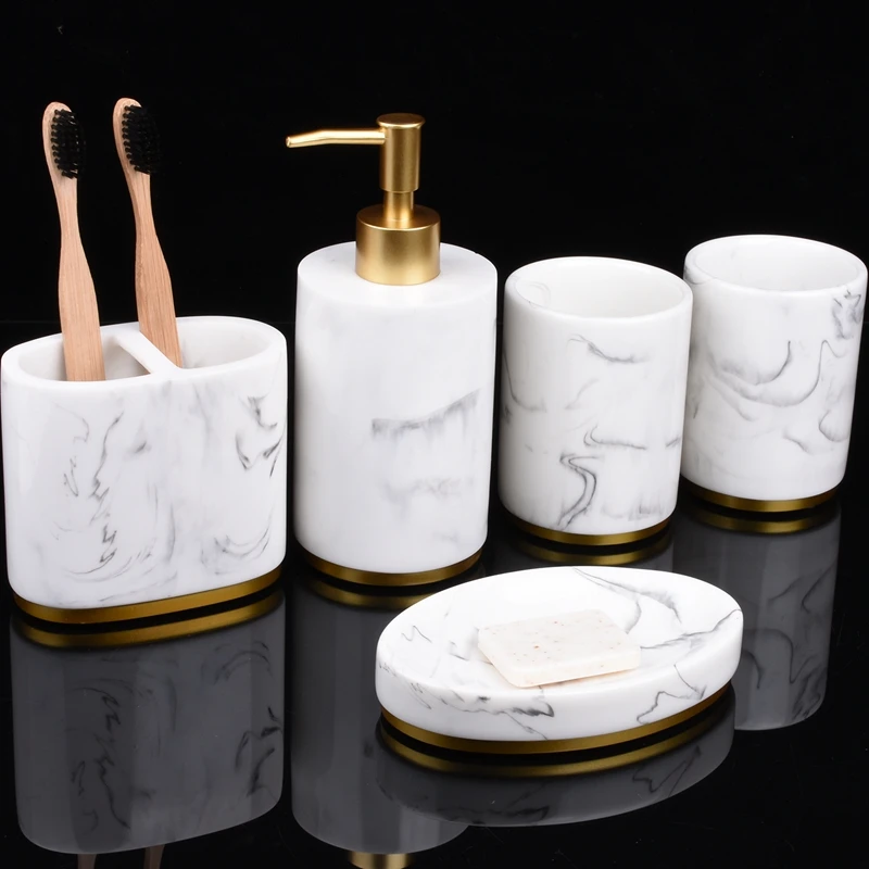 Juego de accesorios de baño, conjunto de baño de 5 piezas, colección de juego de baño, bomba dispensadora de jabón con patrón de mármol, soporte para cepillo de dientes, Soa