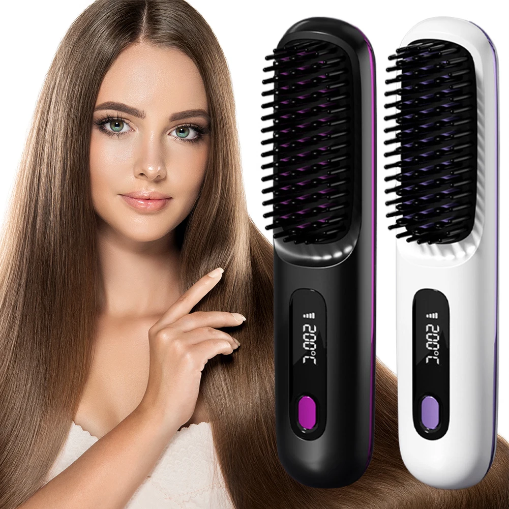 Smoothing Negative Ion Hair Care Comb 3 Setting Ionic Hot Comb Straightener LED Temperature Display Wireless Hair Straightener