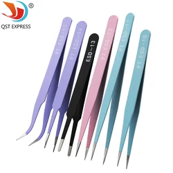 6PCs ESD Anti-Static Stainless Steel Tweezers Precision Maintenance Industrial Repair Curved Tool Home Working Model Making Hand