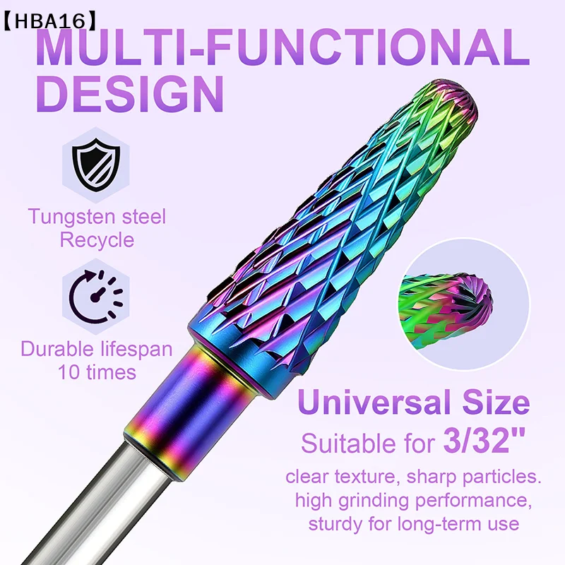 Forets à cuticules en acier au tungstène irisé, nettoyeur sous les ongles, peau morte, préparation des ongles 3/32 pouces pour lime à ongles électrique