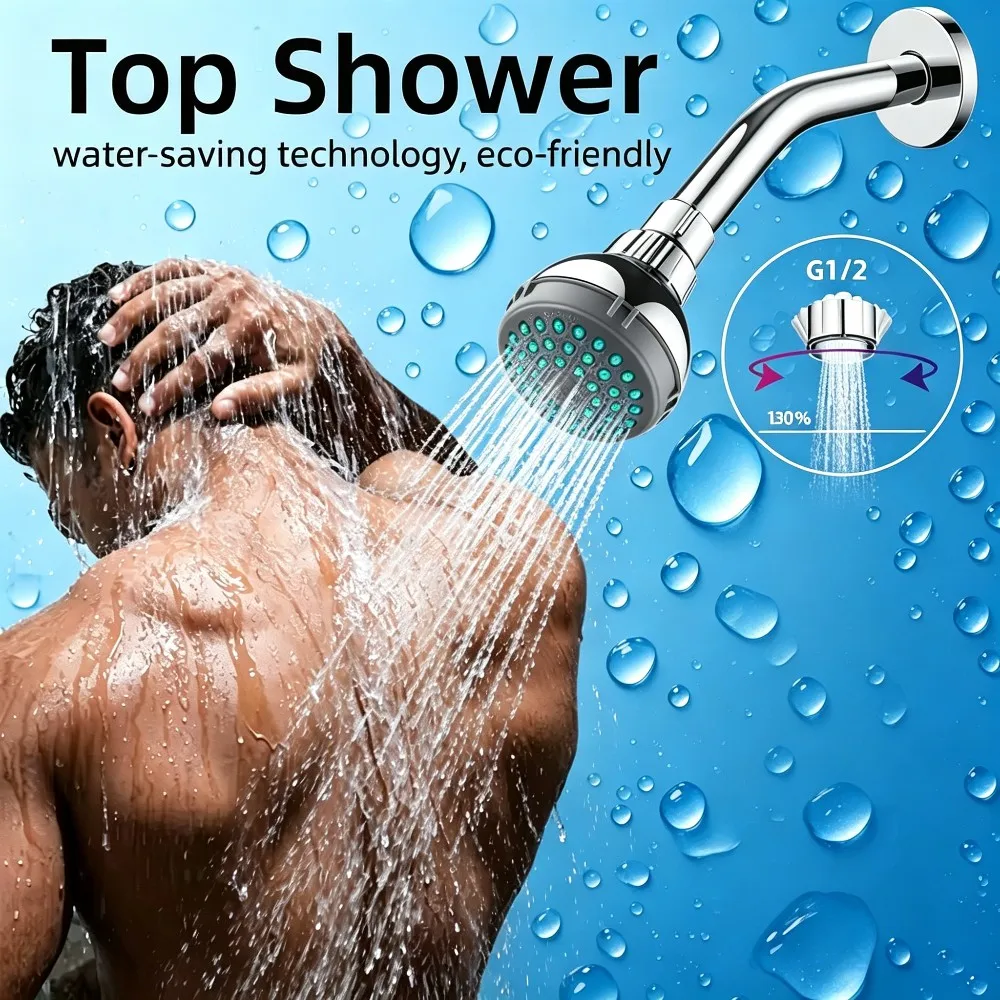 High‑Pressure Fixed Shower Head, Chrome Finish Rainfall Showerhead with Green Silicone Nozzles, Wall‑Mount Water‑Saving Bathroom