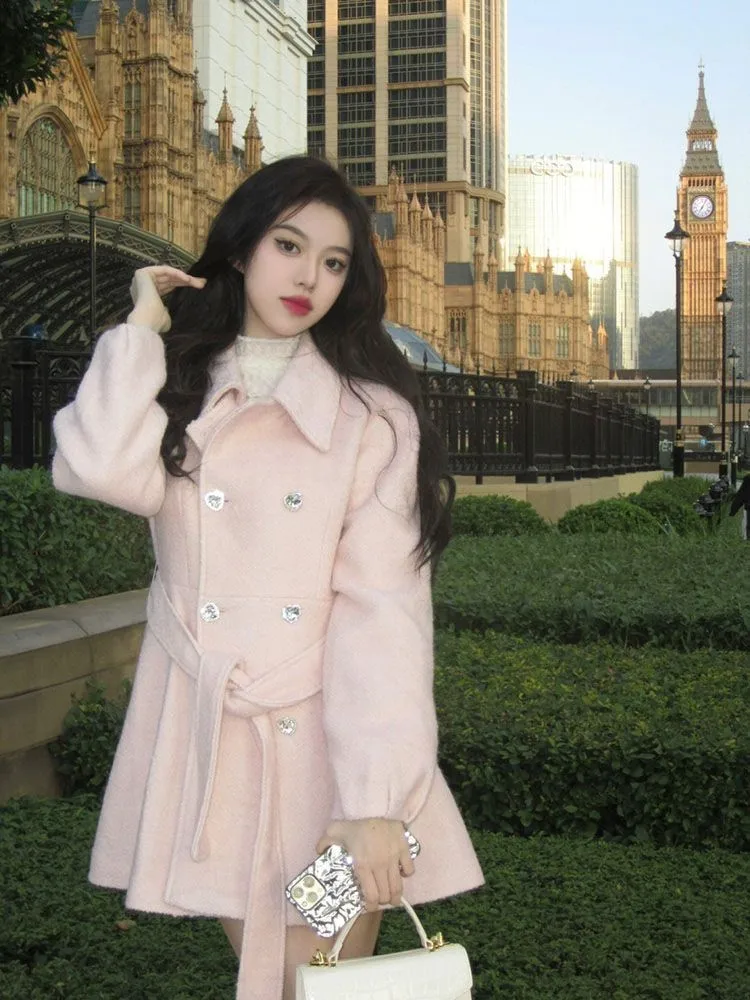 Pink Tweed Jacket Women's Autumn/winter Sweet Style Lapel Tweed Coat Hepburn Style High-end Sense Retro Slim Top