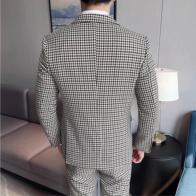 2026 Men's Plaid Suit Two-Piece, Wedding Party Dress Jacket with Pants, Asian Size Slim Coat Trousers Single Buckle Sets.