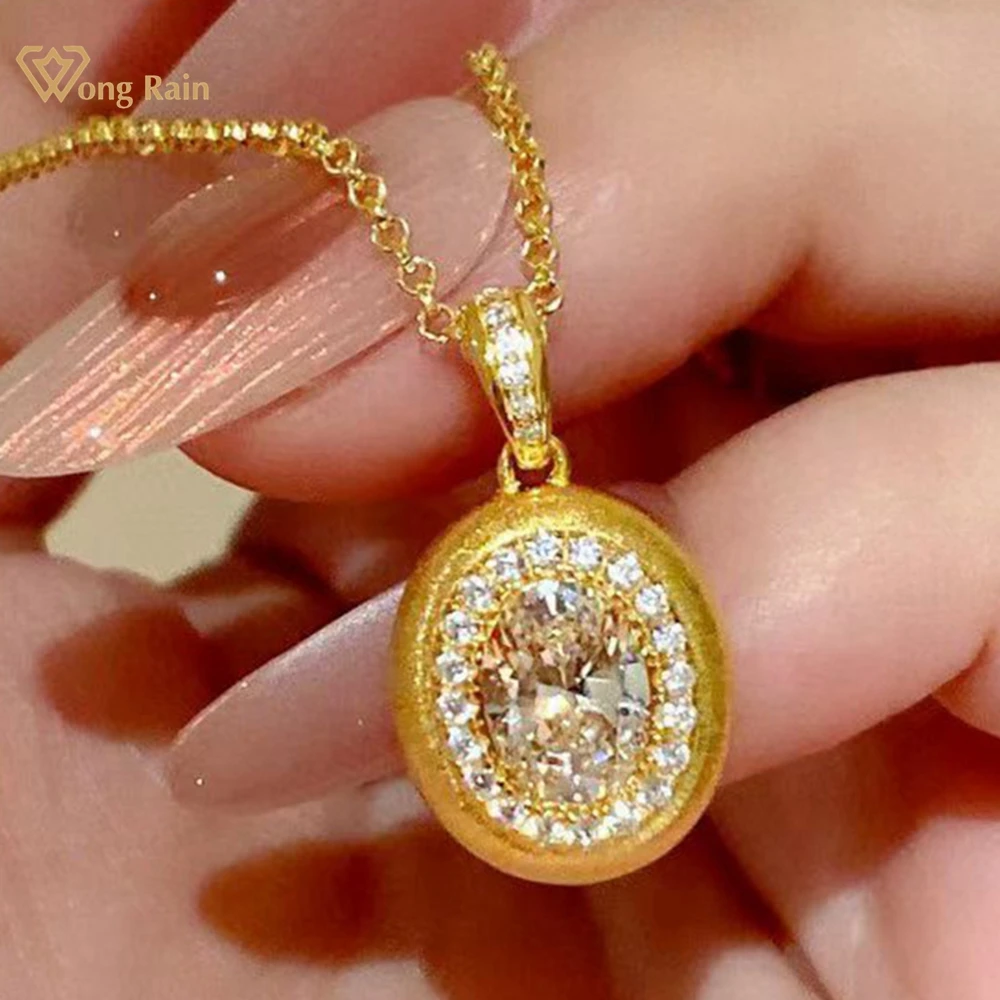 Wong Rain 18K Gold Plated 925 Sterling Silver Sparkling 6*8 MM Oval Lab Sapphire High Carbon Diamond Pendant Necklace Jewelry