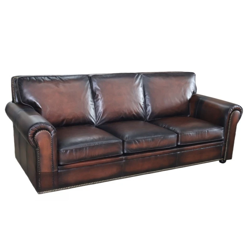 

Foshan medieval American big baston sofa oil wax leather hand wipe two-color top layer cowhide 3-seater sofa living room