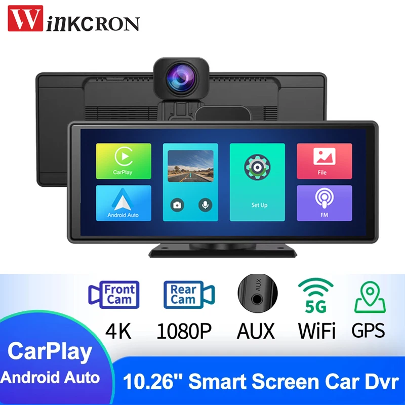 10.26 Inch Carplay Android Auto DVR Dash Camera Recorder 4K Dual Cam WiFi AUX GPS FM Loop Recording Dash Cam Video Recorder