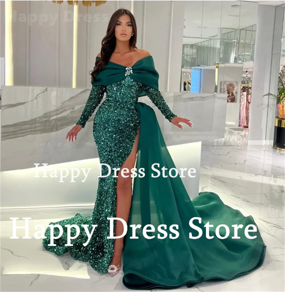 Happy Dress Green Formal Evening Dress Off-Shoulder Long Sleeves Shiny Sequin Mermaid Prom Party Dress Appliques Cocktail Gown