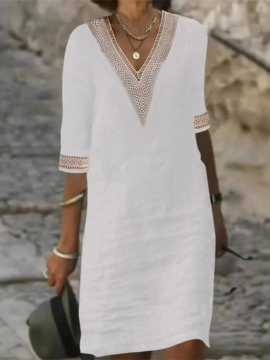 Female Beach Dress V Neck Half Sleeves Flower Embroidery Pullover Elegant Casual Wear White Color Women Summer Loose Casual Midi