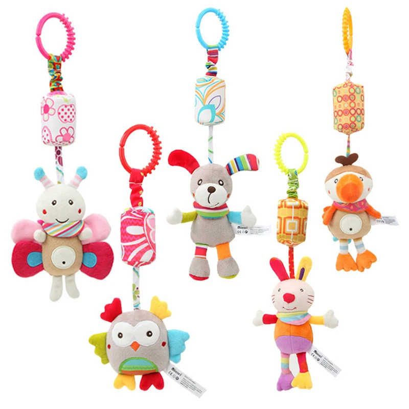 Sonajero colgante para bebé, juguete sensorial de aprendizaje suave, Animal de dibujos animados, cama de peluche, campana, juguete de desarrollo infantil, mango de juguete de 0 a 24 meses
