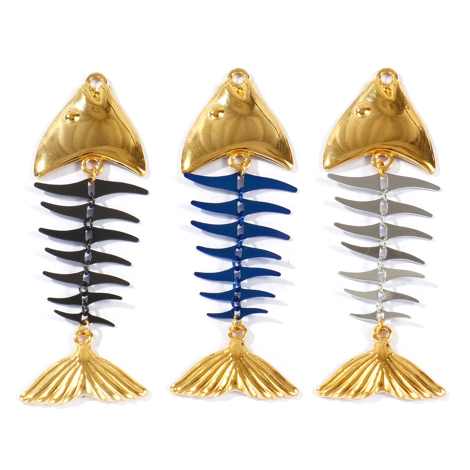1pc Stainless Steel Charms 18K Gold Plated Ocean Fish Bone Movable Pendant For Women DIY Necklace Jewelry Findings 7.3x2.6cm