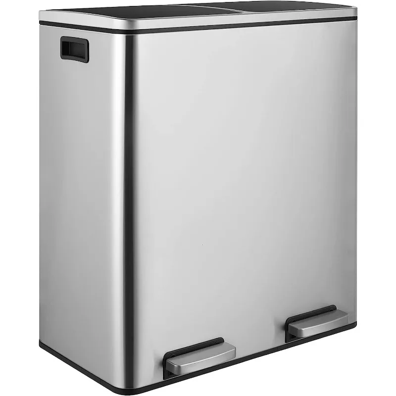 Fineton tempat sampah dua langkah, 16 galon (2 × 30L) Stainless Steel tempat sampah 2 tutup lembut dan 2 tempat sampah dalam dapat dilepas