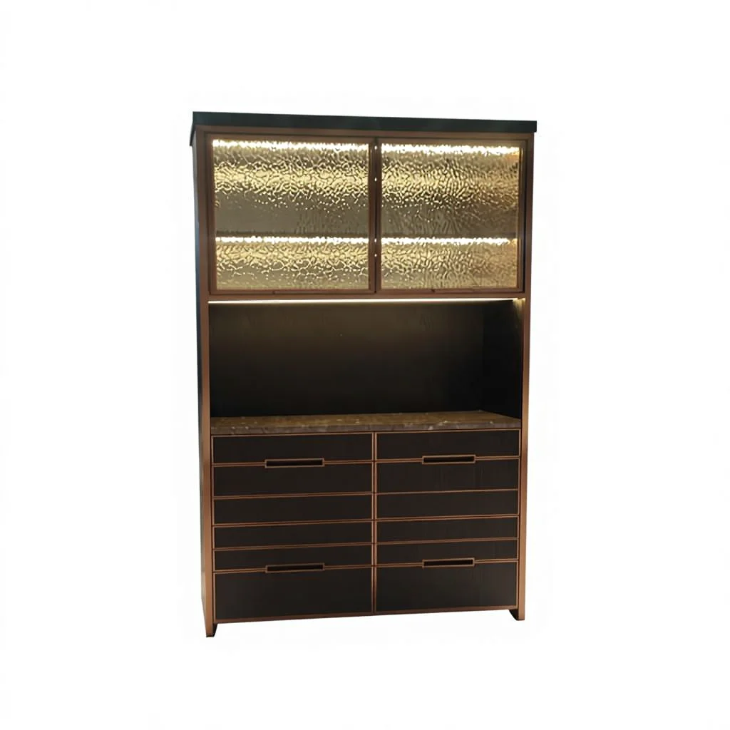 An Upscale Eco-Friendly Durable Wine Cabinet with Stainless Steel Edging and Marble Countertop Equipped with LED Lights