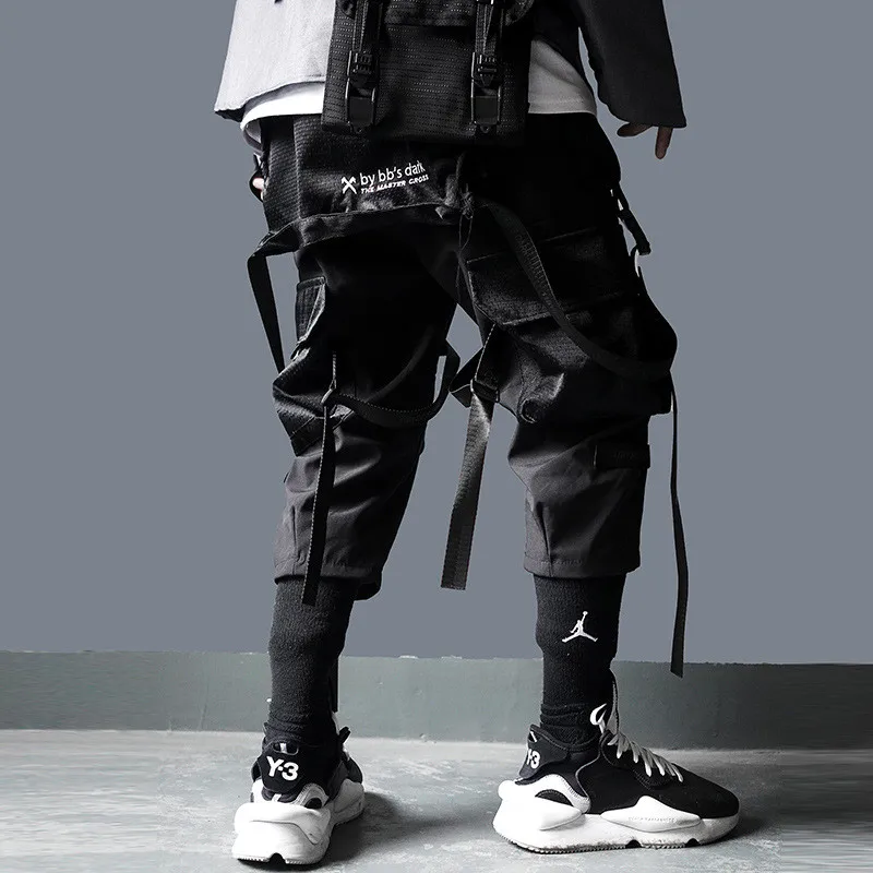 Fashion Hi Street Men\'s Harajuku Hip Hop Pants Loose Fit Ribbons Cargo Trousers Techwear Joggers With Multi Pockets