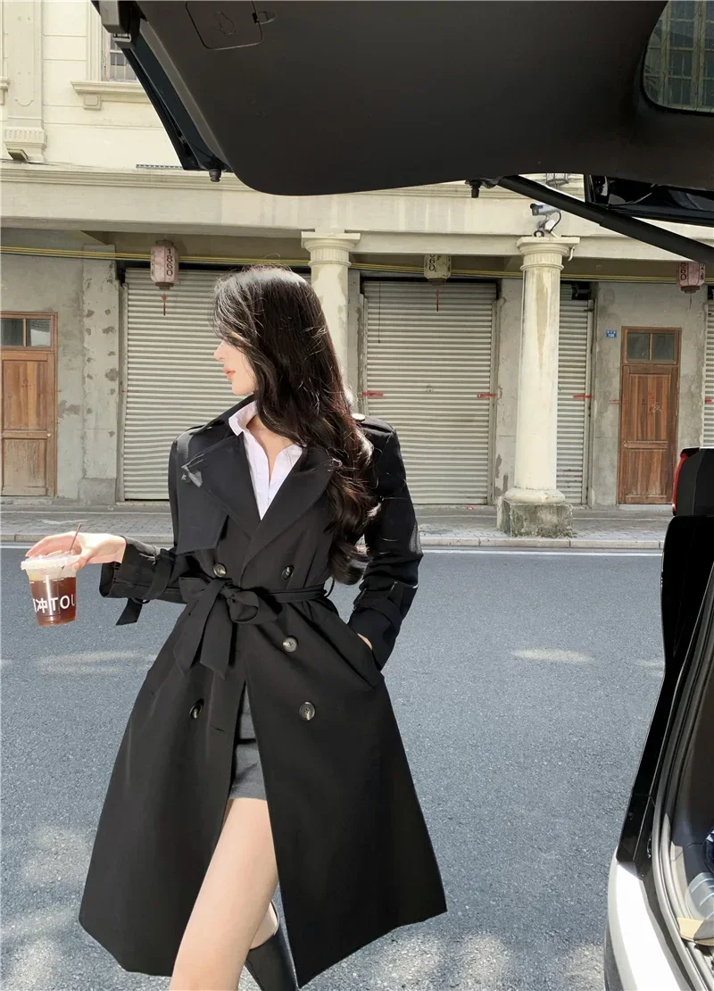 2024 Autumn New Women Tops Trench Coat French Elegant Suit Collar Long Sleeve Double Breasted High Waist Slim Female Long Trench