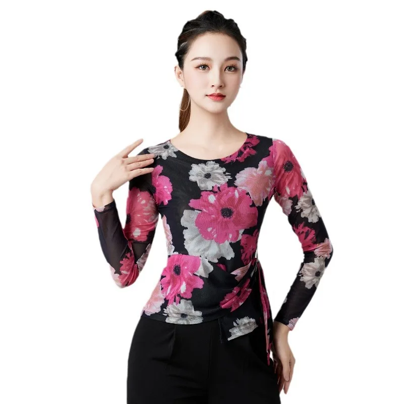 توب مطبوع برقبة مستديرة للإناث البالغات ، قميص أداء الرقص اللاتيني ، المعيار الوطني ، ملابس ممارسة الرقص في قاعة الرقص ، جديد ، الخريف