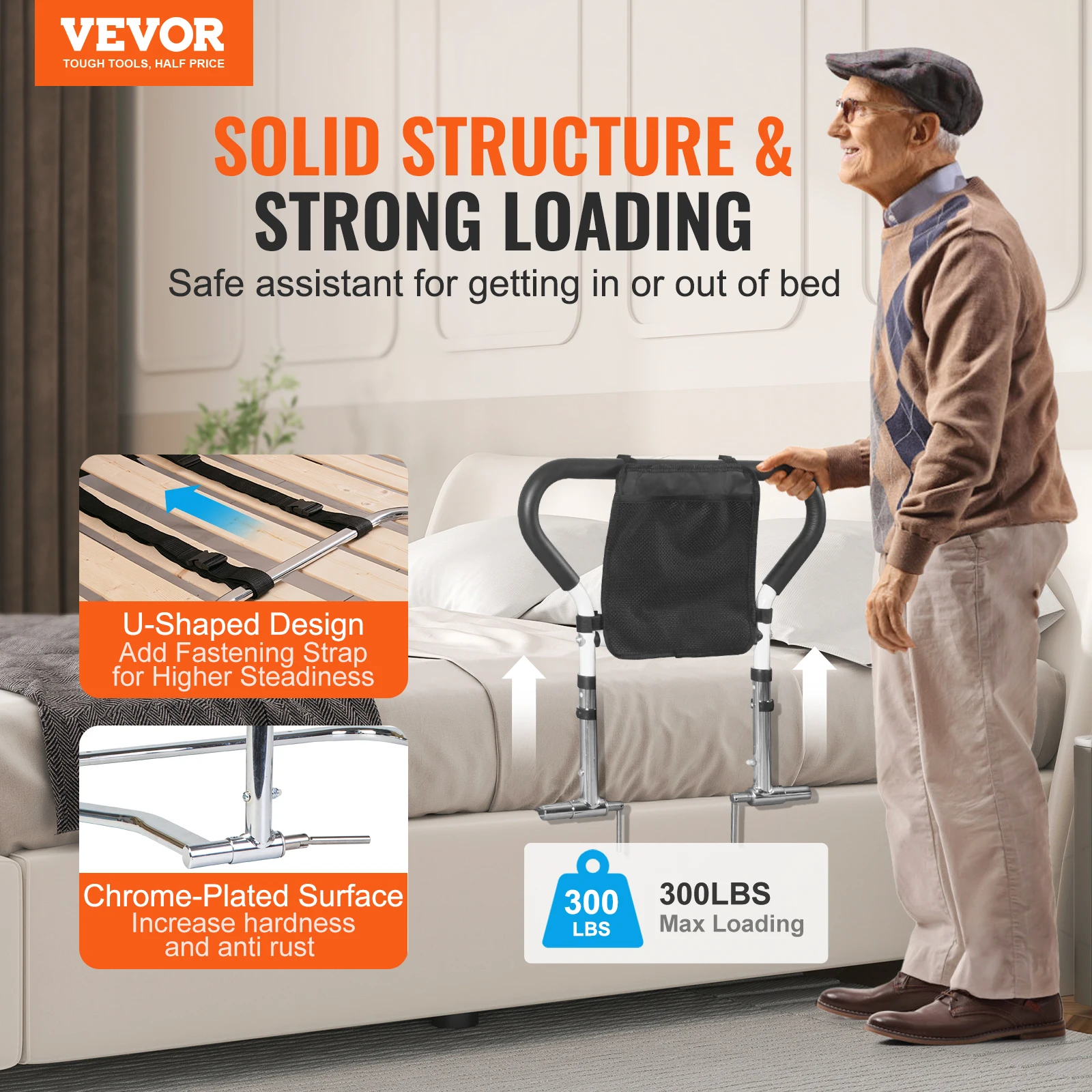 VEVOR Bed Rails for Elderly Adults 90° Foldable Bed Assist Rails for Seniors 2-Level Height Adjustable Bed Side Rails Bed Cane