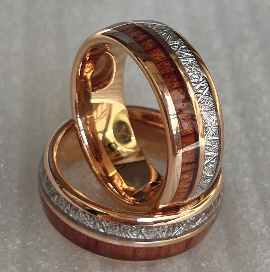 8 مللي متر 6 مللي متر القبة التنغستن خاتم مطلي بالذهب الوردي البطانة الطبيعية كوا الخشب و نيزك العثور على خاتم شحن مجاني #2