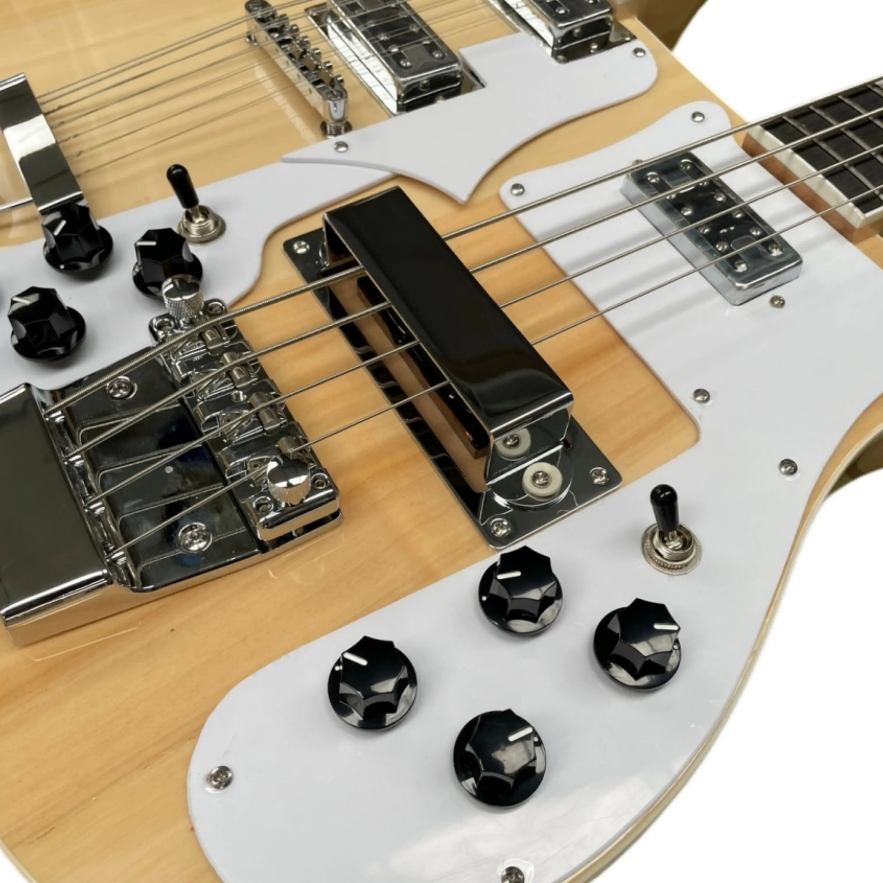 Wood Finish Double-Headed Electric Bass Guitar,12+4 Strings,Wood Grain Texture Guitars,Silver Hardware,Sturdy Durable Guitarra