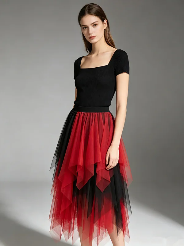 2026 New Tulle Bubble Skirt Women Layered Ruffle Irregular High Waist Spring Sexy Solid Color Mesh Skirt Daily Life and Vacation