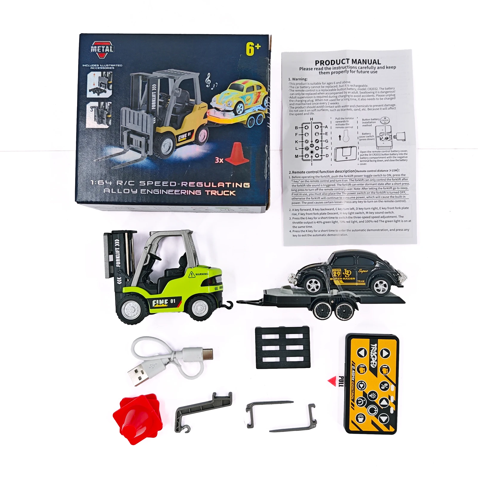 1/64 RC vorkheftruck 2-modus mini-afstandsbediening vorkheftruck 2-in-1 transformeerbare liftvork en haak met licht en geluid voor kinderen
