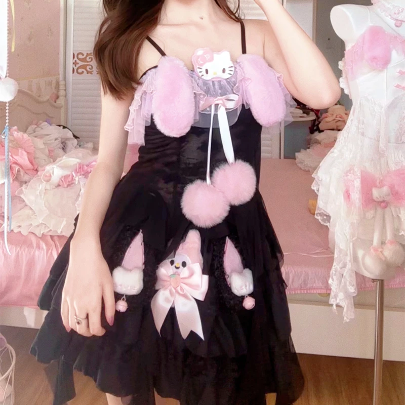 Cartoon Pattern HelloKitty Spicy Girl Y2K Ruffled Lolita Black Pink Sweet Princess Hollow Waist Black Tank Top/short Skirt