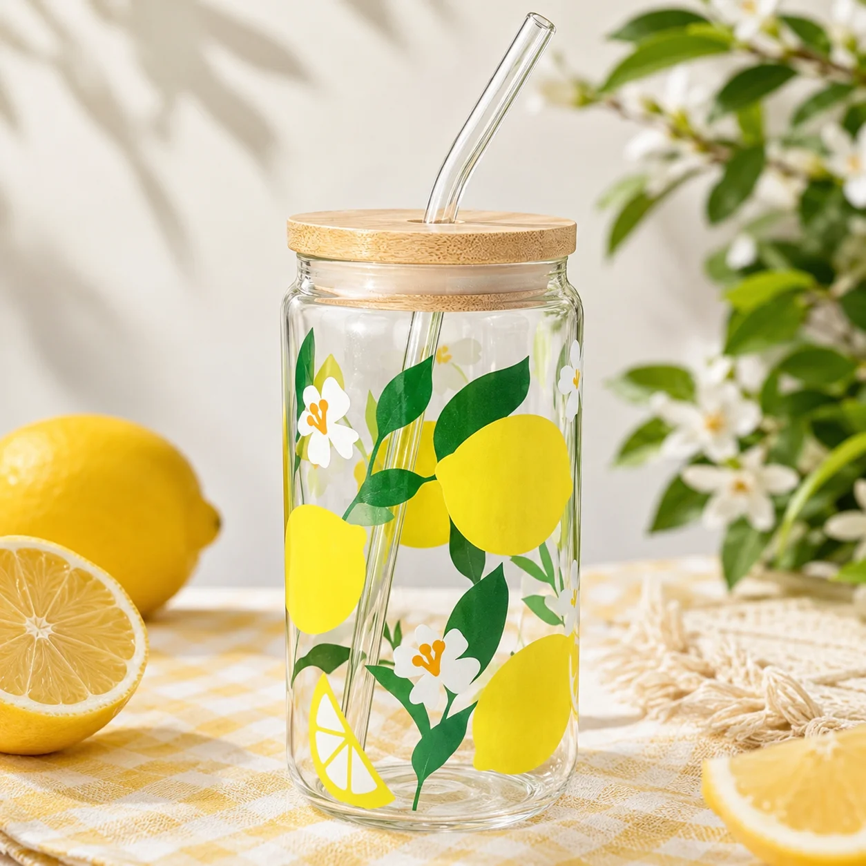 Lemon Plastic Tumbler Cute Reusable Plastic Cup with Bamboo Lid Straw Large Capacity Iced Coffee Juice Cup for Women Home Office