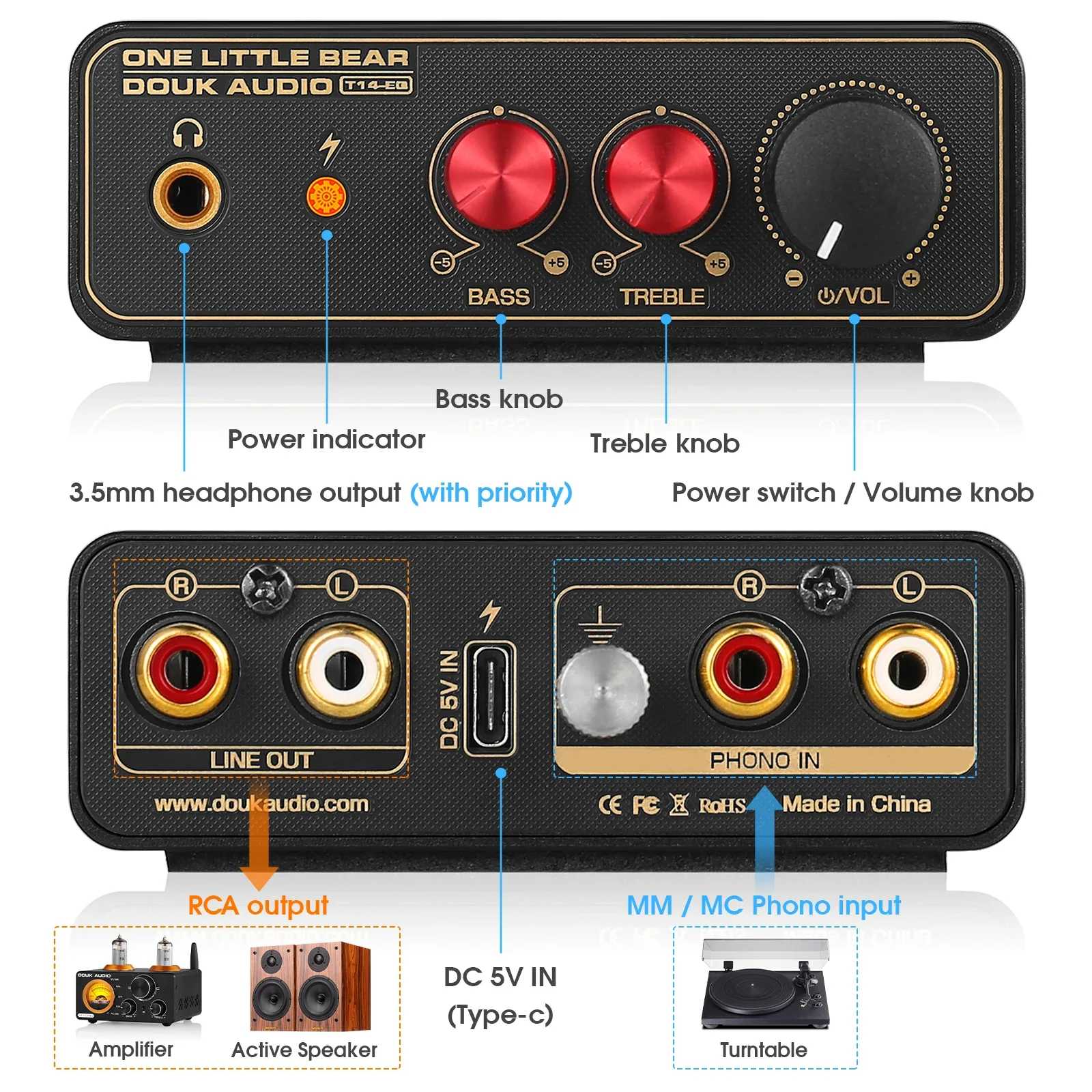 Douk Audio T14-EQ Mini MM/MC Phono Stage RIAA Preamp for LP Vinyl Turntables / Record Players with 3.5mm Headphone Out