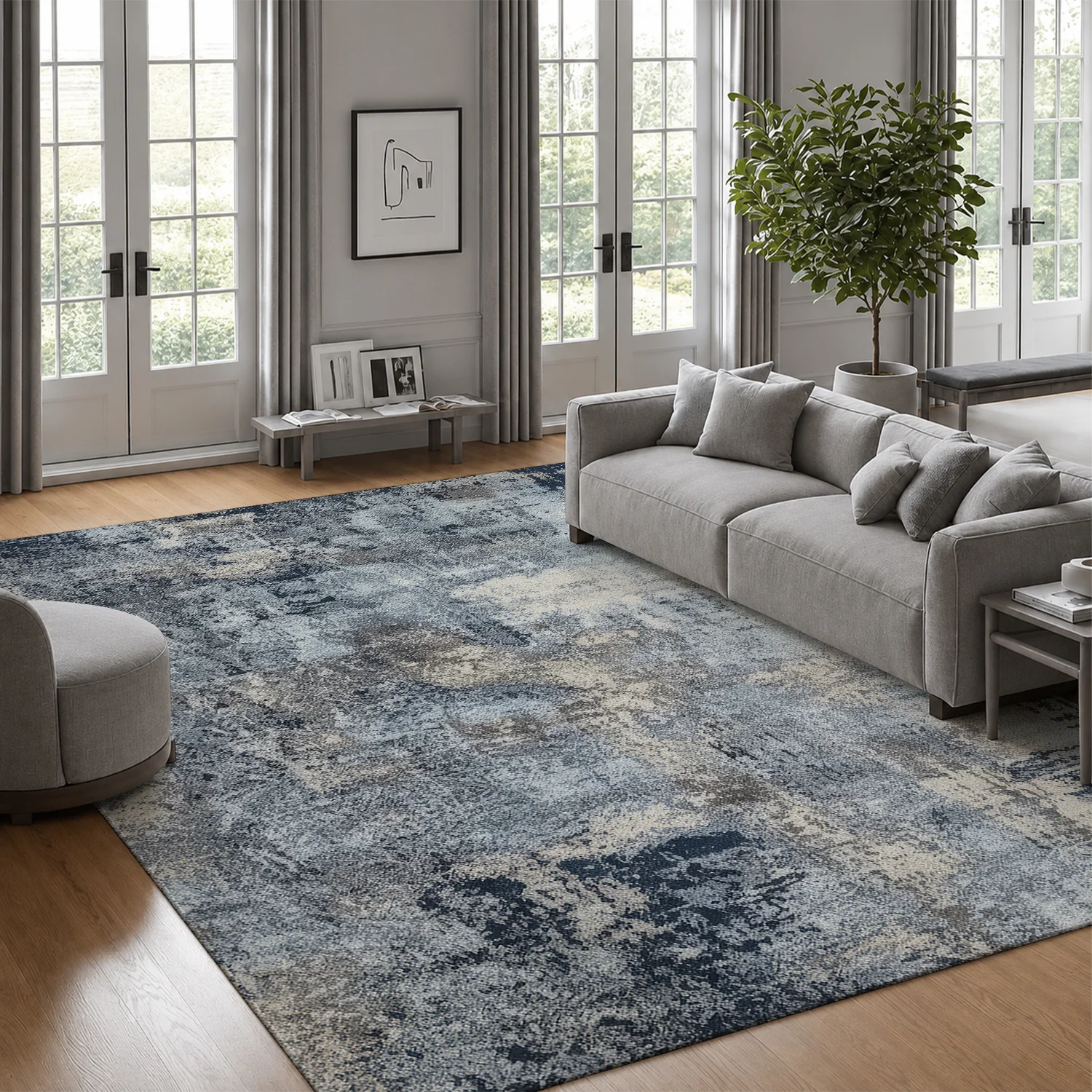 Large Abstract Distressed Area Rug, Soft Velvet Low Pile Indoor Floor Rug with Non-slip Dotted Backing, Machine Washable Blue Gray Beige Carpet for Living Room Bedroom Home Decor