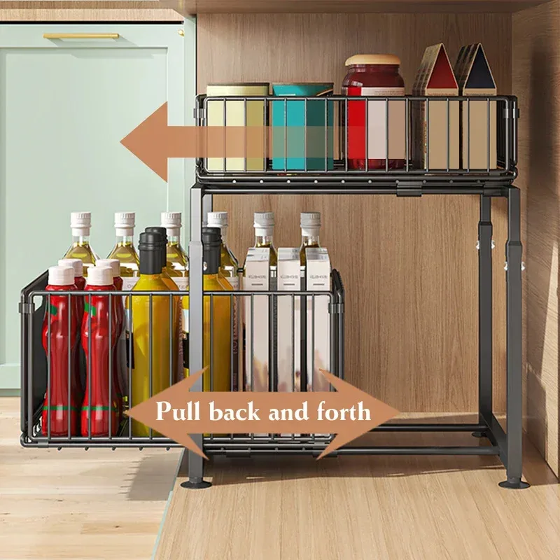 Kitchen Sink Storage Rack Pull-Out Basket Double Layer Spice Snack Bottle Can Organizer Cabinet Multi-level Shelf Under Cabinet