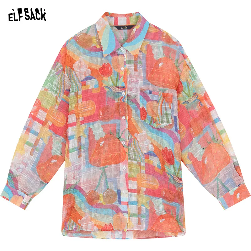 ELFSACK 2024 summer new arrival Rainbow Freestyle Waistband Full Print Loose Chiffon Shirt for women