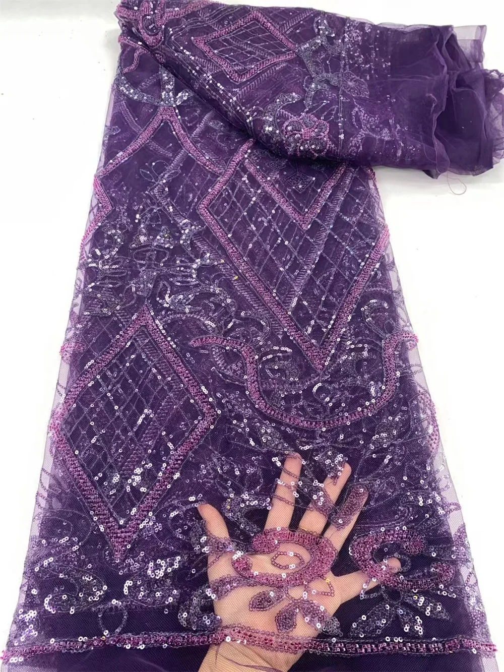 

Nigerian Lace Fabric 2024 High Quality 5Yard Sequence Lace Fabric Purple Beaded Fabric African Lace Dresses For Woman Nig W156-1