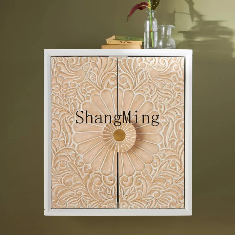 FG good-looking  solid wood wall cabinet rack retro cup holder engraved balcony wall cabinet storage cabinet
