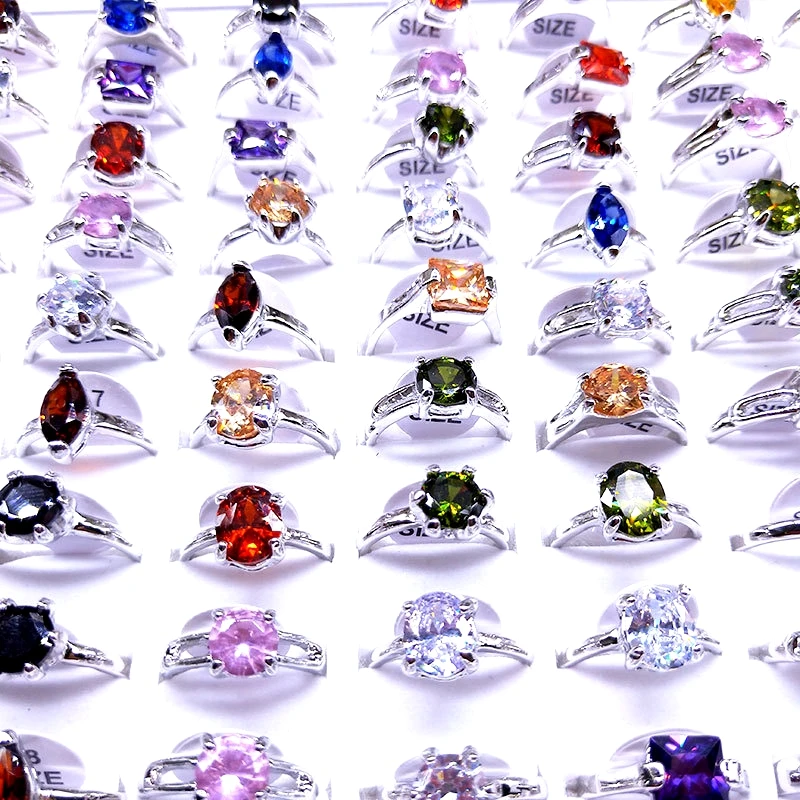 Wholesale Fashion Rings For Women Colorful Zircon Stone Silver Plated Jewelry Party Gift Wedding Accessories Mix Ring Vintage