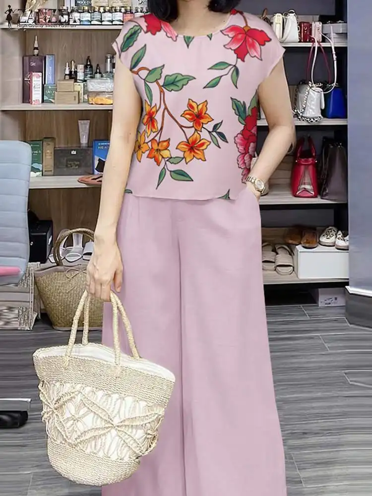 2PCS Fashion Tracksuits Summer Short Sleeve Floral Blouse Wide Leg Pant Sets 2024 ZANZEA Elegant Women OL Work Trousers Suit