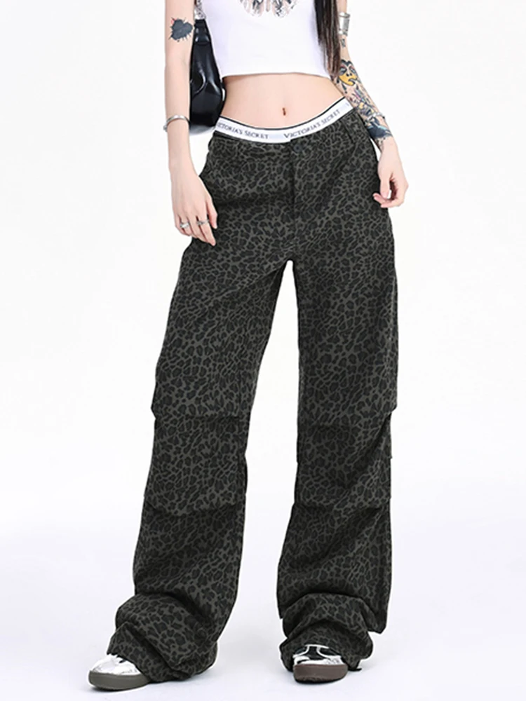 

Women's Leopard Print Cargo Jeans Y2K High Street American Fashion Straight Leg Wide Drawstring Hem Pleated Pocket Casual Pants