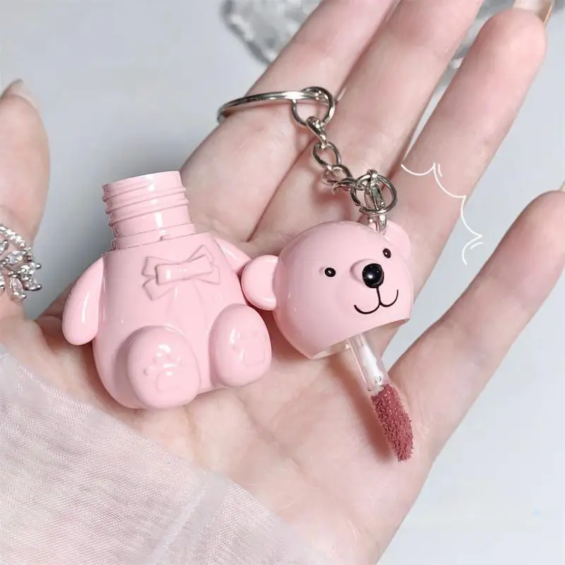 1/3/4pcs 4Color Cute Bear Matte Lip Velvet Grey Pink Keychain Lipstick Waterproof Lasting Lip Glaze Cosmetics Portable Lip Gloss