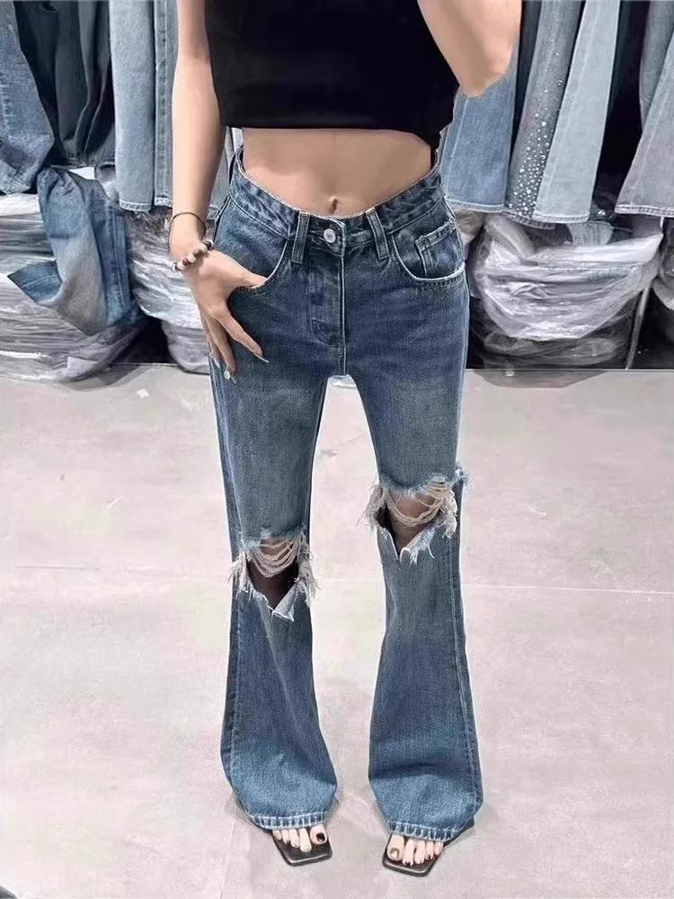 아메리칸 슬레 레트로 홀 데님 진 여성 플러스 사이즈 하이웨이스트 엘라스틱 슬리밍 마이크로 플레어 팬츠 캐주얼웨어 여름용