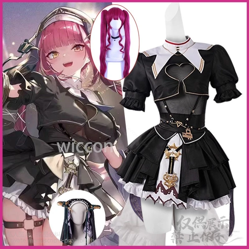 Houshou marinho cosplay anime hollive vtuber youtuber traje peruca rosa sexy freira vestido lolita halloween natal menina personalizado