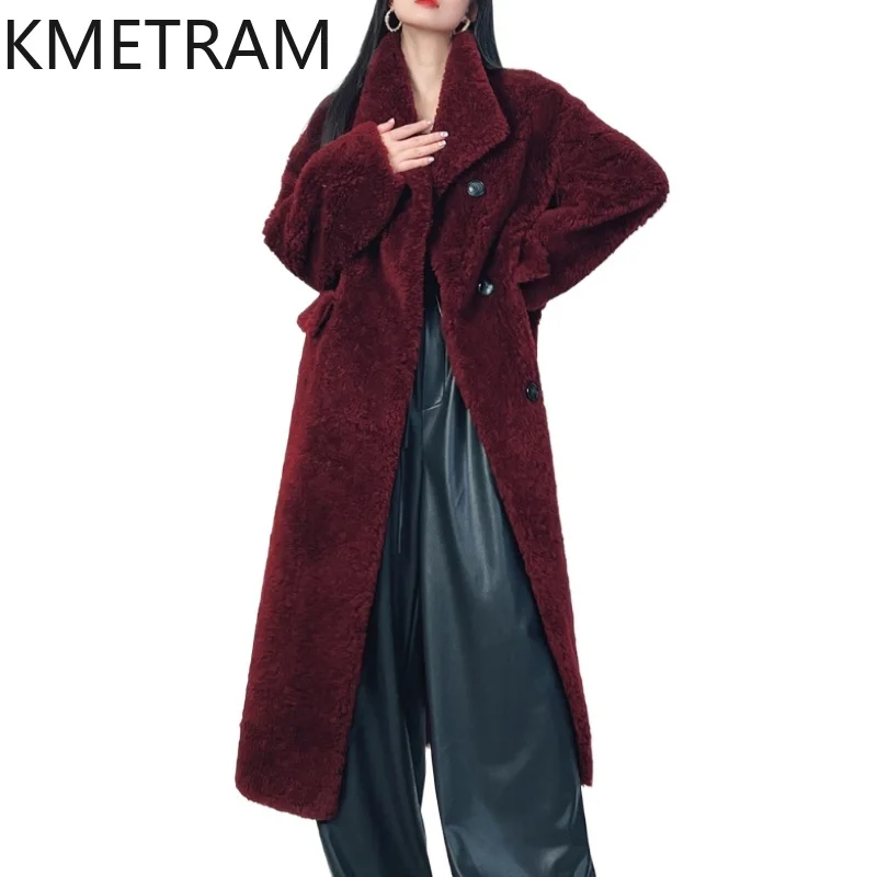 KMETRAM 100% Wool Coats for Woman High Quality Burgundy Long Coat Winter Clothes Sheep Shearing Jacket 2025 пальто женское