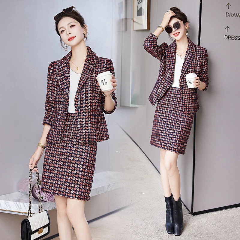 Autumn Winter New Skirt Suit Women Elegant Korean Plaid Woolen Fashion Blazer + Mini Skirt Casual Office Lady 2-Piece Set